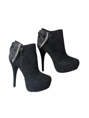NWOT black faux suede high platform ankle boots satin rhinestone bow size 7